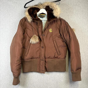 Vintage Y2K RocaWear Women's Size XL Brown Fur Lined Hooded Cropped Jacket Coat